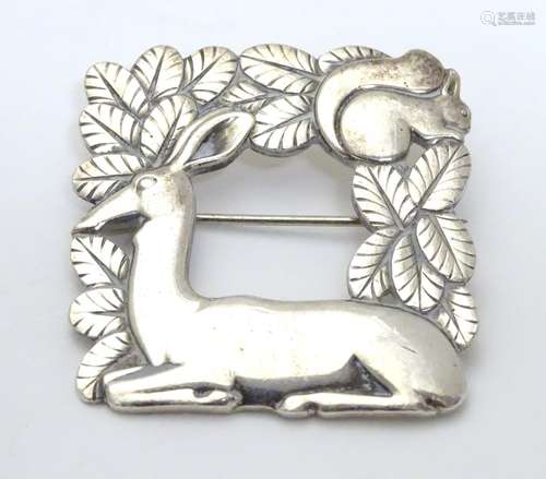 A Georg Jensen silver brooch designed by Arno Malinowski, the squared form brooch with foliate