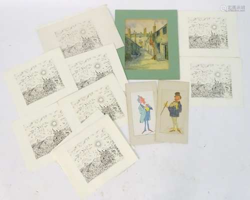 A folio of assorted works to include two pen and ink studies of gentlemen by D. I. Jones, a