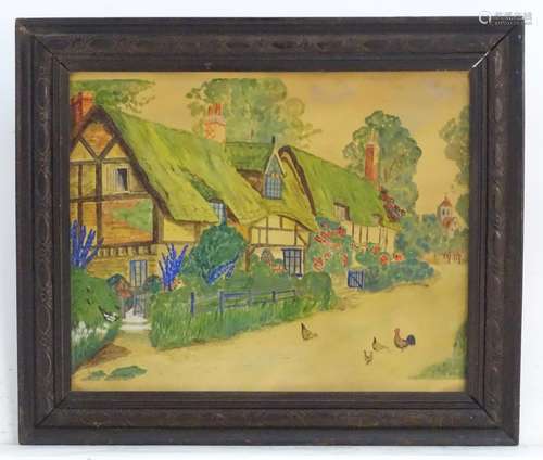 XIX-XX, English School, Watercolour, A naive / folk art scene depicting a village with thatched