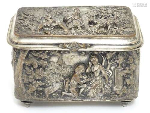 A 19thC Continental silver plate electrotype box / jewel casket with figural scenes of you lovers in