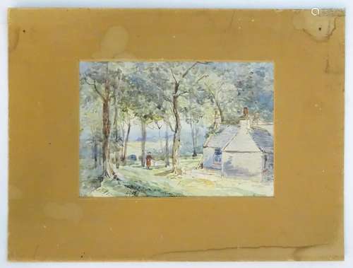 English School, XX, Watercolour, A woman and child walking in a woodland near a cottage,