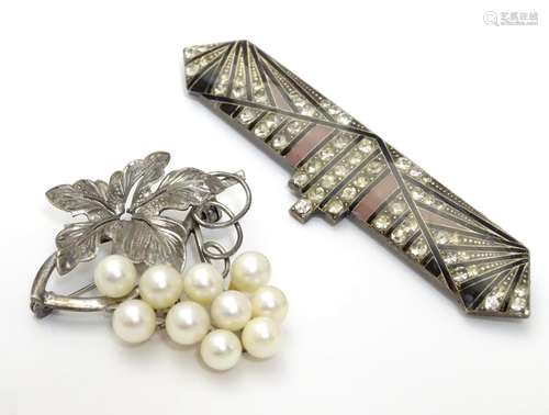 An Art deco brooch set with white stones and pink and black enamel detail 3