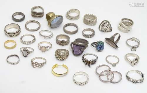 Rings : Assorted silver and white metal etc rings including a hallmarked silver ring set with