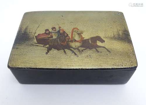 A late 19th / early 20thC Russian papier mache lacquered box of rectangular form with red