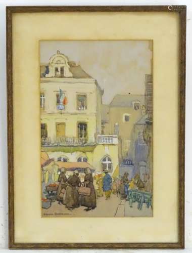 Frank Sherwin (1896-1985), Watercolour, A French market square with figures. Signed lower left.