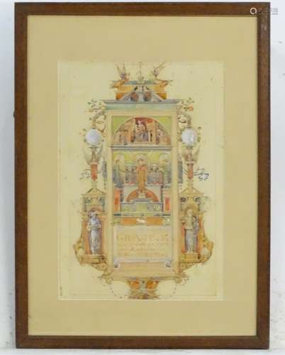 XX, English School, Watercolour, An Arts & Crafts frontispiece style architectural composition