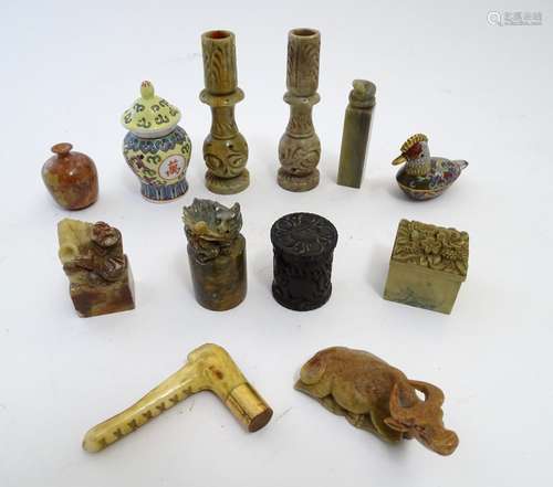 A quantity of assorted items to include Oriental soapstone wares: a pair of carved candlesticks, a