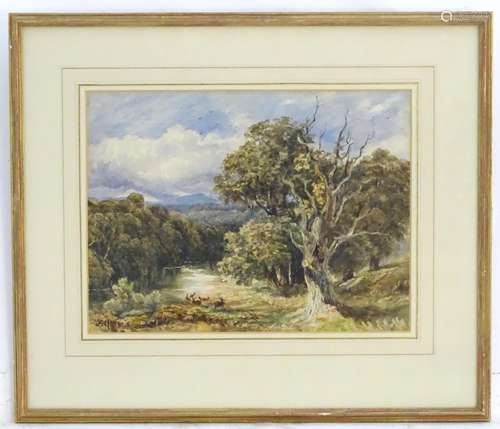 Frederick Parr (1887-1970), Watercolour, Deer / stag in wooded river landscape. Signed lower right