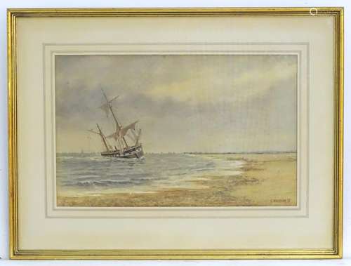 C. Rackham, XIX, Watercolour, A beach scene with a moored clipper ship. Signed and dated (18)95