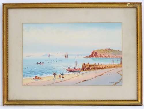 R J Pollard (XX), Cornish School, Watercolour, St Ives, Cornwall, A beach scene with a jetty,