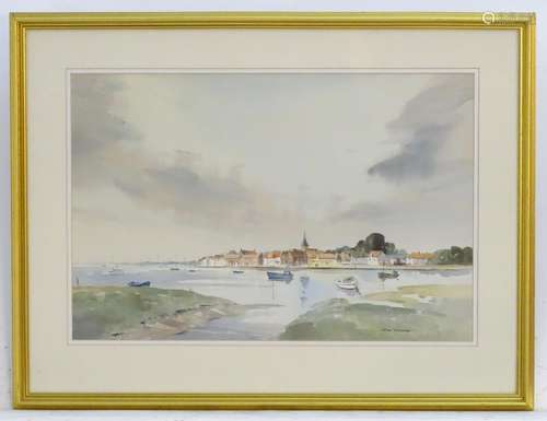 John Worsdale (1930-2008), Watercolour, Old Bosham, A West Sussex village harbour scene with