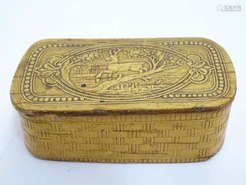 A 19thC pressed birch snuff box with carved detail, the hinged lid with a decorative vignette