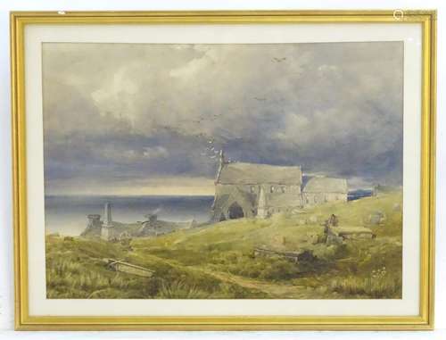 Bernard Walter Evans (1848-1922), Watercolour, A view of a coastal chapel with figures. Signed lower