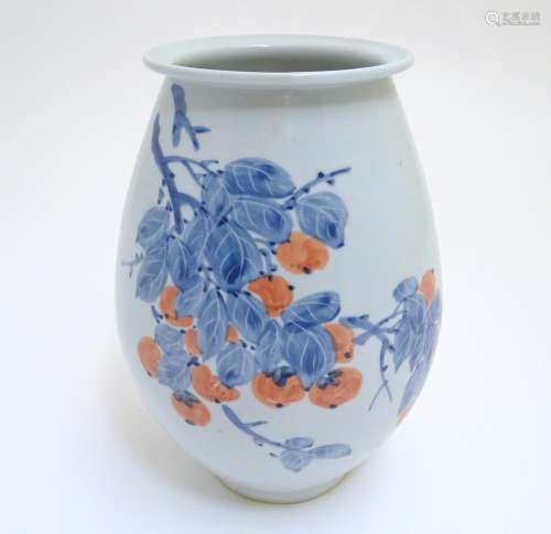 A Japanese vase of ovoid form with hand painted fruiting and foliate detail. Character marks to