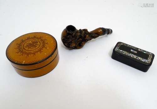 Three assorted 20thC items comprising a papier mache hinged snuff box with inlaid abalone