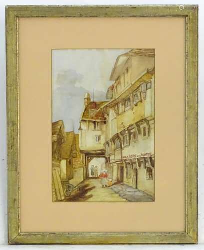 Continental School, XIX, Watercolour, A 17thC style street scene, probably in French Basque country,