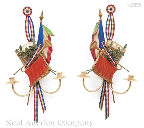 French Tole Peinte Tricolor Trophee Sconces