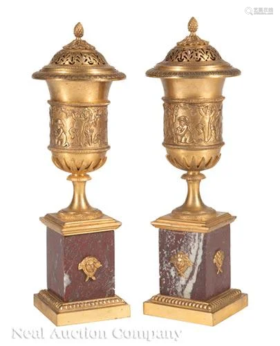 Rouge Marble and Gilt Bronze Candle Vases