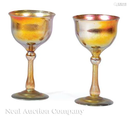 Pair of Tiffany Gold Favrile Glass Goblets