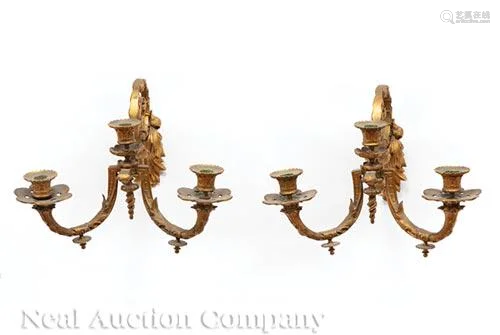 American Gilt Bronze Three-Light Wall Sconces