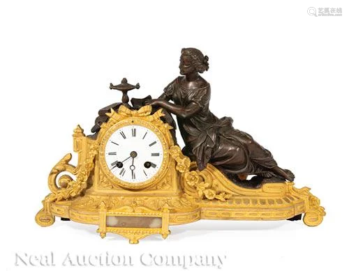 Gilt Bronze, Patinated Metal Figural Mantel Clock