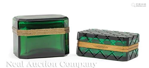 French Brass-Mounted Green Glass Dresser Boxes
