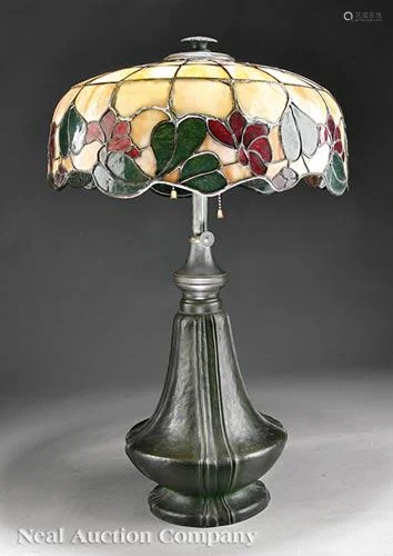 American Art Nouveau Leaded Glass, Bronze Lamp