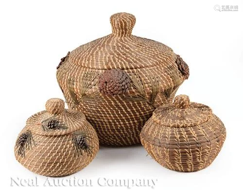 Three Coushatta Lidded Baskets