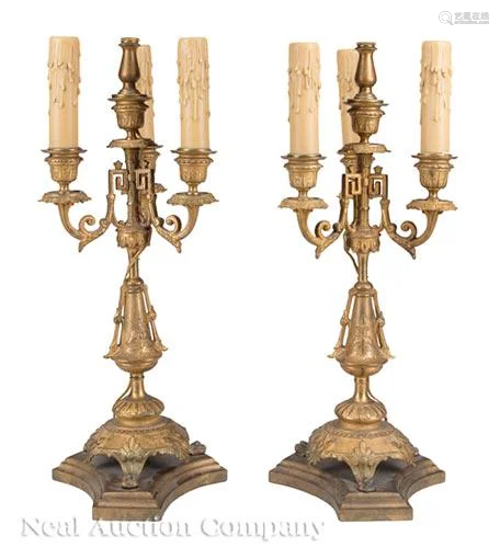 French Bronze Three-Light Candelabra Lamps