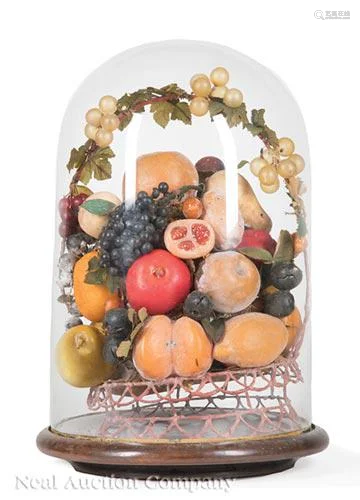 Victorian Waxwork Basket of Fruit Under Dome