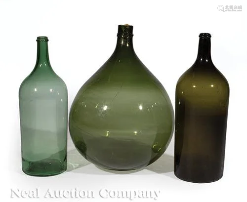 French Green Glass Demijohn and Two Tall Bottles