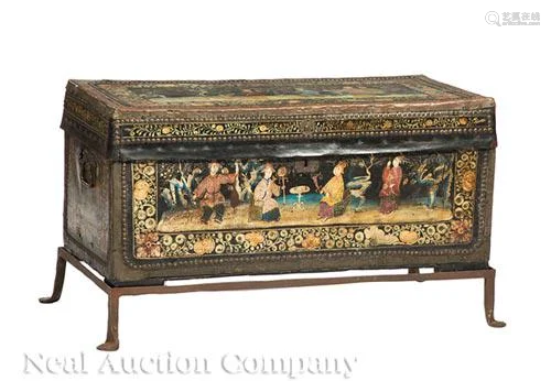 Large China Trade Painted Leather Trunk