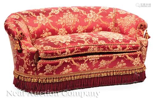 Edwardian-Style Claret Silk Damask Love Seat