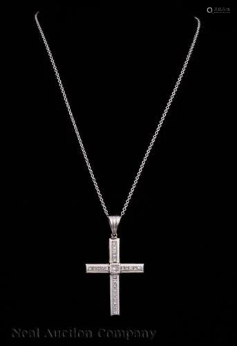 14 kt. White Gold and Diamond Cross Pendant/Chain