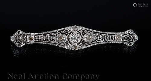 Art Deco White Gold Filigree, Diamond Bar Pin