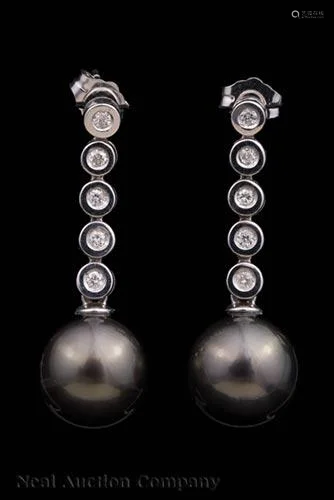 Gold, Tahitian Pearl and Diamond Dangle Earrings