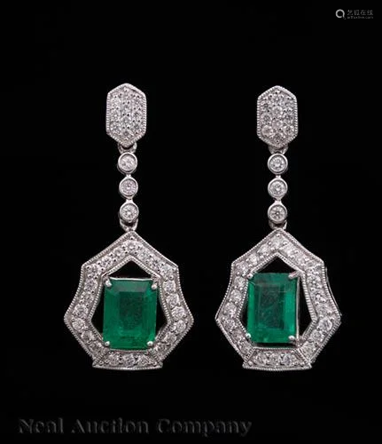 Platinum, Emerald and Diamond Dangle Earrings
