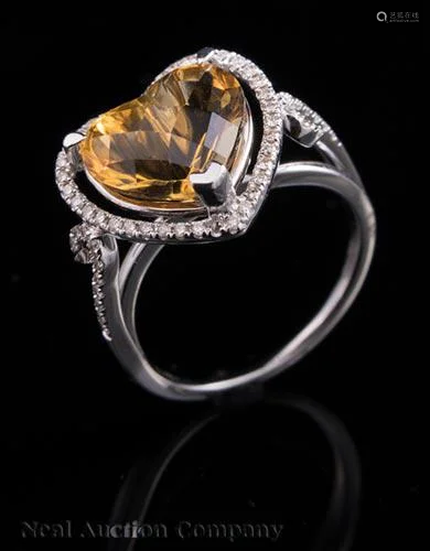 White Gold, Citrine and Diamond Ring