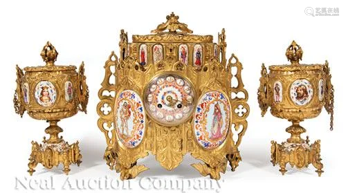 Gilt Bronze and Porcelain-Mounted Clock Garniture