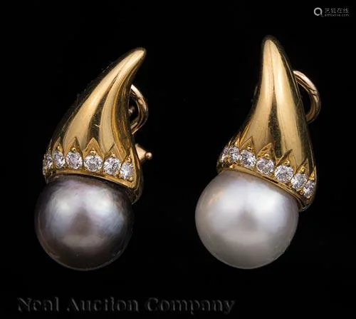 18 kt. Yellow Gold, Pearl and Diamond Earrings