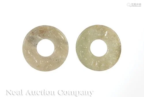 Two Chinese Pale Celadon Green Jade Bi Disks