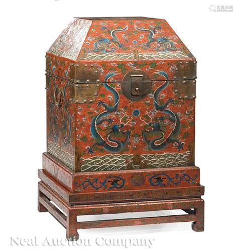 Chinese Red Lacquer Chest on Stand