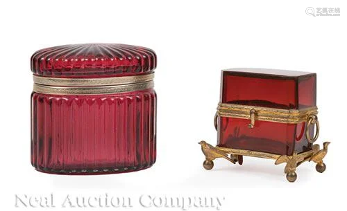 Brass-Mounted Cranberry Glass Dresser Boxes