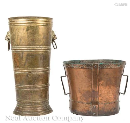 English Brass Umbrella Stand and Copper Bucket