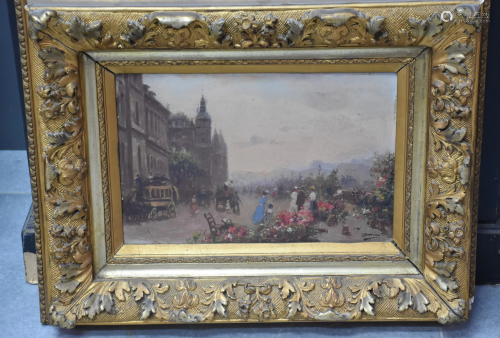 The flower market. Oil on canvas late 19th century