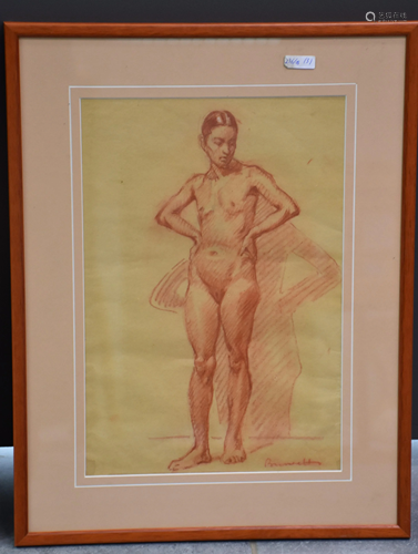 Lot of 3 red chalk drawings, female nudes. 28 x 38 cm.