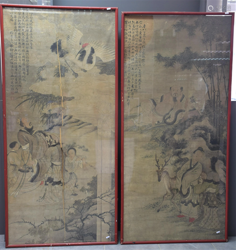 Lot of two large ancient Chinese paintings decorated