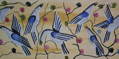 Kabinda (XX th). Large oil on canvas with birds signed