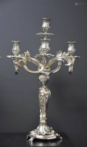 Pair of rococo style silvered bronze candelabra. Period