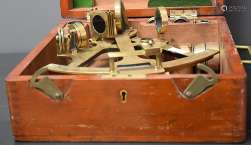 Brass sextant in its original box. Teddington Hughes